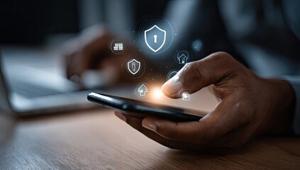 Close-up of person's hands using a smartphone with security icons overlayed