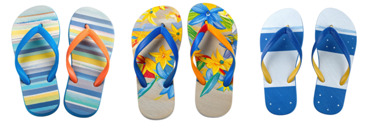 Summer Flip-Flops: A vibrant array of colorful flip-flops, each pair uniquely designed, offers a visual celebration of summer, evoking a sense of freedom, fun, and relaxed beach vibes.