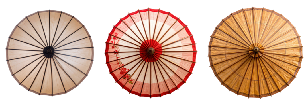 Japanese Parasols Trio: An overhead view of three delicate and vibrant Japanese parasols. Delicate lines radiating from a central point, showcasing a harmonious blend of culture and design. 