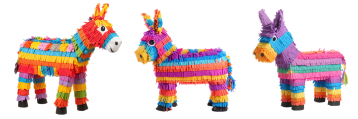 Pinata Trio: A vibrant trio of brightly colored pinatas, crafted with playful detail and festive flair, ready to bring joy and amusement to any celebration.