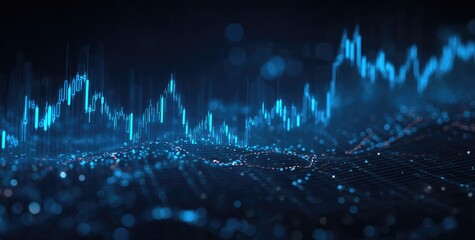 Abstract data visualization, financial chart.  Blue lines and points on dark background, representing market trends