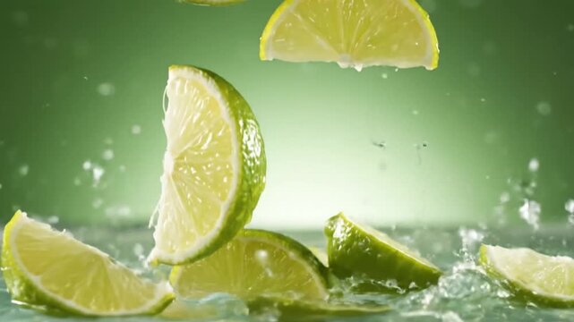 Dynamic Eye Level Display of Lime Wedges Plunging into Water Creating Refreshing Splashes against a Serene Green Background Perfect for Drink Related Projects and Visual Narratives