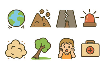 Earthquake Emergency Icons. Flat vector mini-illustrations ground shaking in colors children's illustrations: trembling earth,