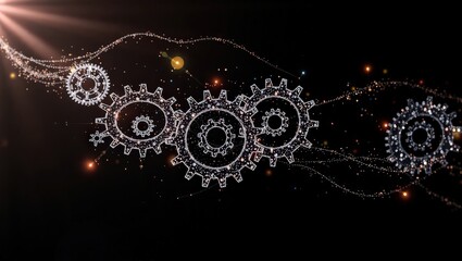 Glowing gears with sparkling trails on a dark background creating a futuristic abstract design concept