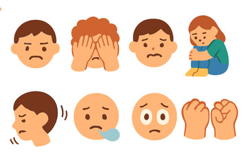 Emotional Expressions Icons. Flat vector mini-illustrations emotional pain expressions in colors children's illustrations: