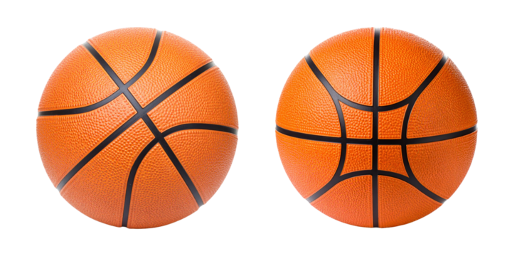 Basketball Duo: Two classic orange basketballs, meticulously crafted with iconic black lines. Displaying perfect symmetry, ready for play, creating an inspiring athletic image.