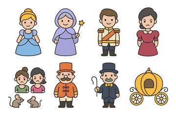 Fairy Tale Icons. Flat vector mini-illustrations fairy tale characters in colors children's illustrations: Cinderella, fairy