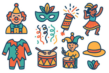 Obraz premium Festive Icons. Flat vector mini-illustrations festival procession in colors children's illustrations: clowns, masks, streamers,