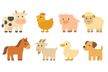 Obraz premium Farm Animal Icons. Flat vector mini-illustrations peasant animals in colors children's illustrations: cow, chicken, pig, sheep,