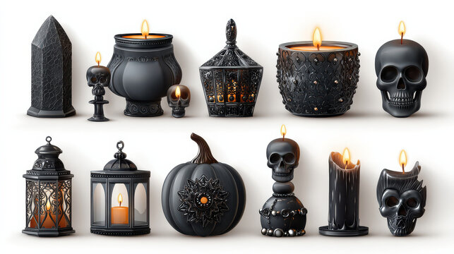 Black gothic candle set with skull and pumpkin shapes glowing warmly for spooky Halloween decor