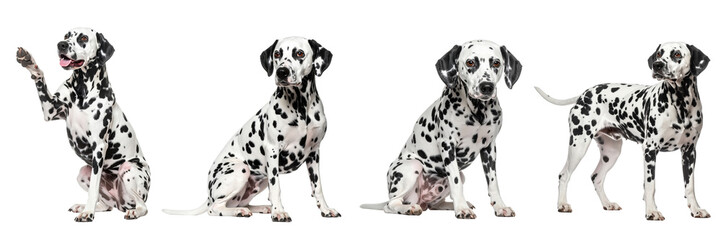Dalmatian Dogs in Action: A photorealistic collection of Dalmatian dogs in a variety of poses, highlighting their unique spotted coats. capturing their playful energy, canine beauty.