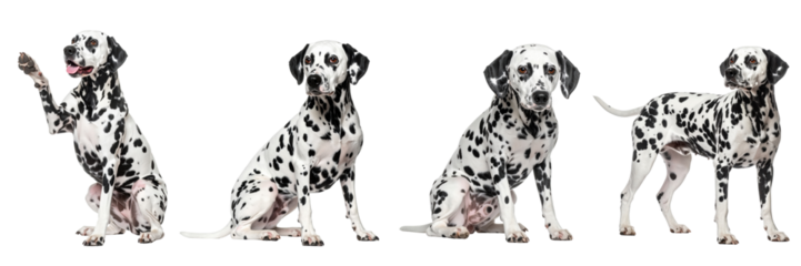 Dalmatian Dogs in Action: A photorealistic collection of Dalmatian dogs in a variety of poses, highlighting their unique spotted coats. capturing their playful energy, canine beauty.