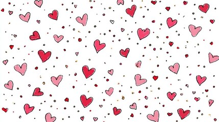 A scattered pattern of hand-drawn hearts in various shades of red and pink, on a white background, with gold speckles