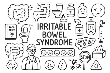 Health Doodle Icons. Hand-drawn doodle illustration irritable bowel syndrome sad intestine, cramping icon, toilet, poop symbol,