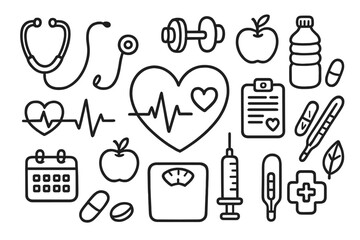 Heart Health Doodle. Hand-drawn doodle illustration circulatory system heart health heart, ECG line, stethoscope, dumbbell, apple,