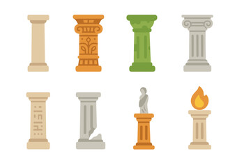 Historic Pillar Icons. Flat vector mini-illustrations historic pillars in colors children's illustrations: ancient stone pillar,
