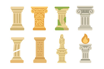 Historic Pillar Icons. Flat vector mini-illustrations historic pillars in colors children's illustrations: ancient stone pillar,
