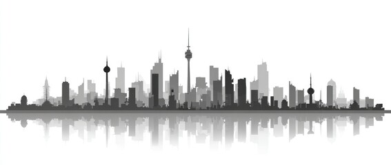 Monochrome cityscape silhouette with reflection