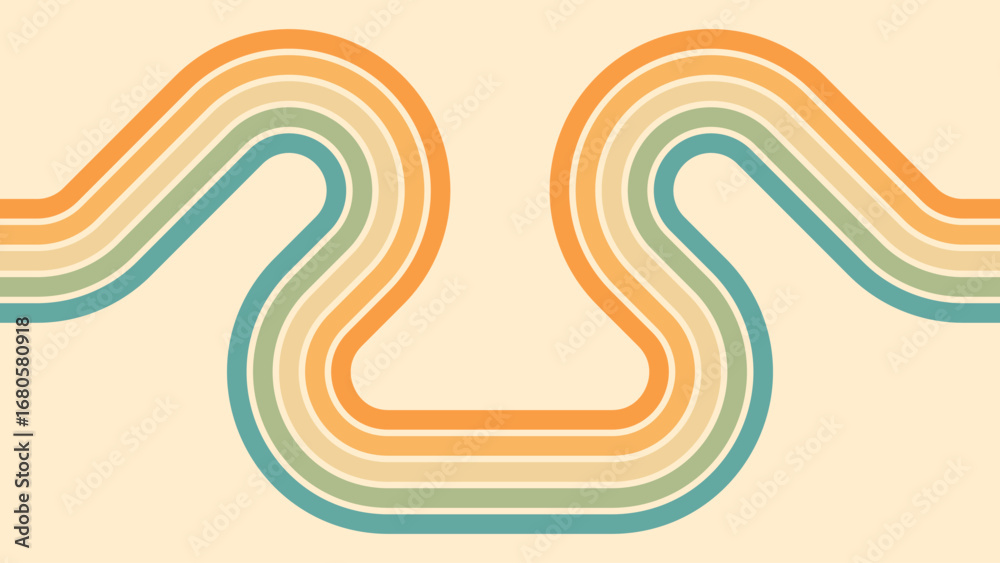 Wall mural abstract background of rainbow groovy wavy line design in 1970s hippie retro style. vector pattern r