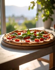 Fresh pizza, sunlight, window view