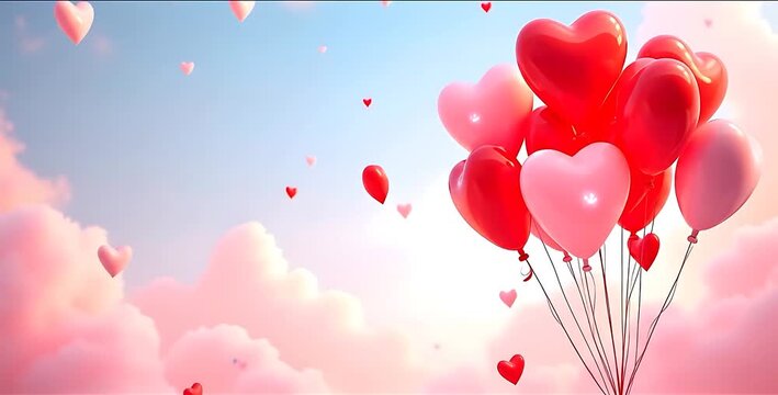 Romantic bunch of red and pink heart-shaped balloons floating in a dreamy sky with clouds
