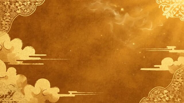 Elegant Golden Texture with Asian Patterns Clouds and Floral Design Ideal for Festive Occasions and Cultural Celebrations Creates Rich and Ornate Visual Backgrounds
