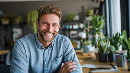 Friendly man in casual-smart attire smiling at his desk in a stylish home office, tablet and laptop nearby, natural decor with earthy tones and plants, morning sunlight streaming in, confident - Powered by Adobe