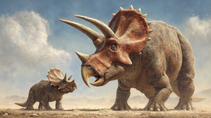 Fototapeta premium A Majestic Dinosaur and Its Adorable Baby Roam the Vast Desert Landscape Under a Bright Blue Sky Evoking a Sense of Adventure and Wonder in Nature