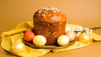 Festive Easter bread surrounded by colored eggs on a yellow cloth