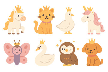 Royal Animal Icons. Flat vector mini-illustrations princess animals in colors children's illustrations: white horse, royal cat,
