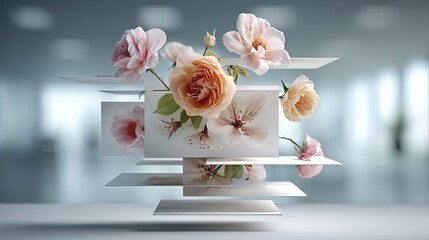 Delicate pastel flowers arranged on floating white rectangles against a soft-focus backdrop