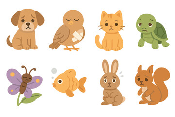 Sad Animal Icons. Flat vector mini-illustrations suffering animals in colors children's illustrations: sad puppy, injured bird,