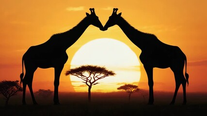 silhouette of giraffe family in savannah on sunset - Powered by Adobe