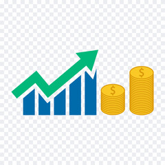 Business growth diagnostics with an upward arrow and coins symbolizing financial and economic progress.