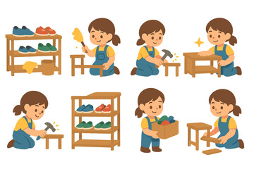Shoe Rack Upkeep. Flat vector mini-illustrations shoe rack maintenance in colors children's illustrations: cleaning shoe rack,