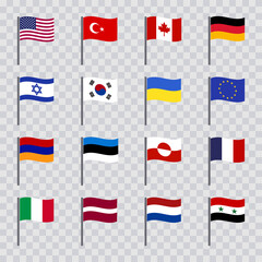 Flags of the world countries on transparent background. Vector set.