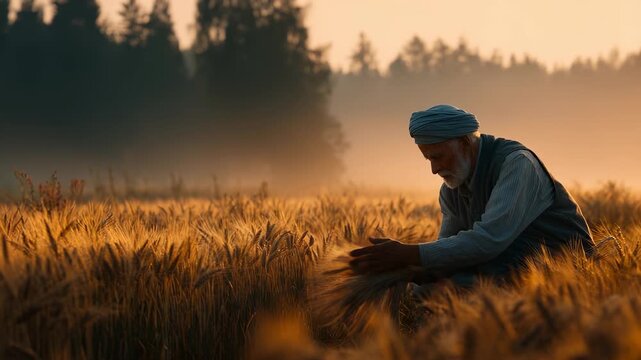 Farmer in turban kneels in wheat field. Man touches grain gently. Wheat field stretches far. Harvest repeats across agriculture land. Crop grows, crop matures, grain forms, wheat fills rural horizon.