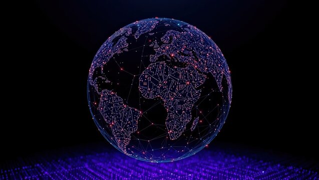 Digital globe with circuit board pattern and glowing dots on a dark background with purple light - Powered by Adobe