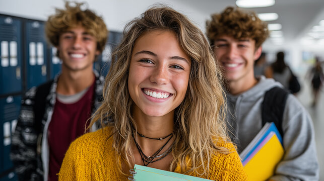 Portrait of smiling students standing in locker room at college/university