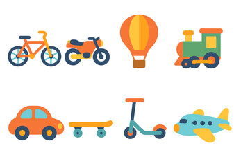 Naklejka premium Transport Adventures for Kids. Flat vector mini-illustrations journey transport in colors children's illustrations: bicycle,