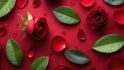Red rose petals and leaves on deep red background
