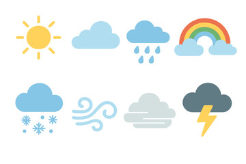 Obraz premium Weather Icons Grid. Flat vector mini-illustrations observation deck weather elements in colors children's illustrations: sun,