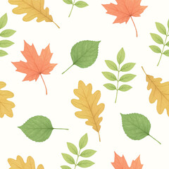 Delicate seamless autumn pattern of maple, acacia, elm, birch, and oak leaves. Some retain green tones, red maple, greener elm, slightly yellowing oak. Watercolor style, varied shapes, light
