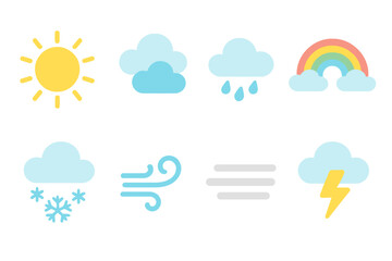 Obraz premium Weather Icons Grid. Flat vector mini-illustrations observation deck weather elements in colors children's illustrations: sun,