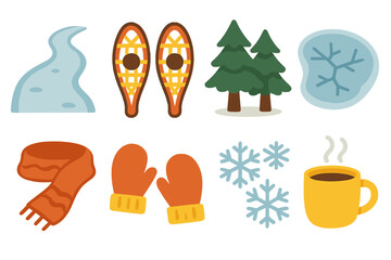 Winter Trail Icons. Flat vector mini-illustrations winter trail in colors children's illustrations: snow-covered path, snowshoes,
