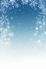 White snowflakes and bokeh lights on a blue winter holiday background Christmas