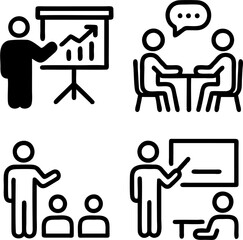 Flat style vector illustration set of presentation, meeting, seminar, and training icons in simple blue design, minimal line art, perfect for business, corporate, and education use.