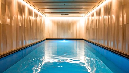 Obraz premium A sophisticated indoor pool bathed in warm light, showcasing sleek wooden paneling and tranquil blue water.