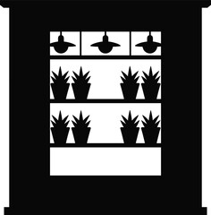 Silhouette of window with hanging lights and potted plants on shelves, perfect for gardening, home decor, interior design vector.