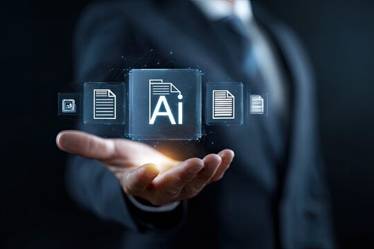 Businessman's hand hovers over a glowing, digital AI icon surrounded by document and file symbols